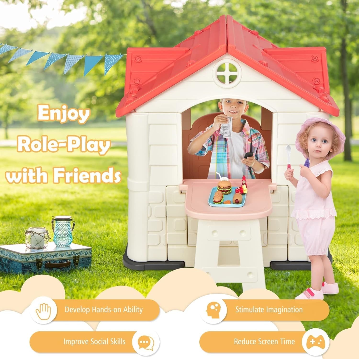 Pink Kids Outdoor Playhouse Cottage with Table Pretend Play Set