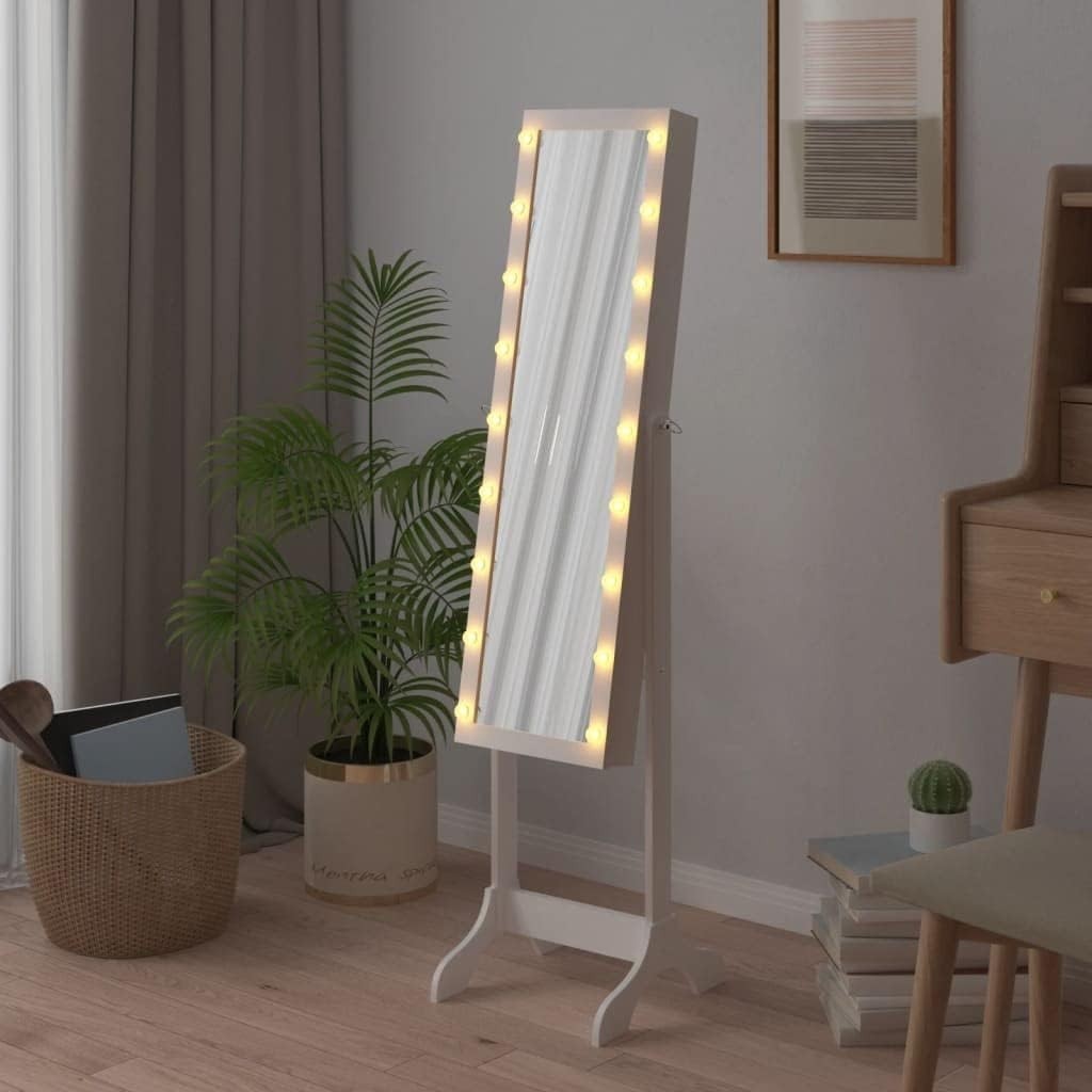 LED Standing Mirror Jewelry Cabinet Tilt Adjustable Storage Armoire White
