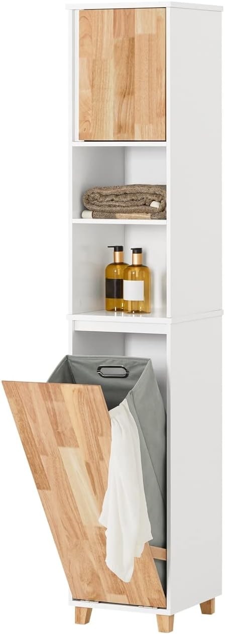 Tall Bathroom Storage Cabinet with Fold-Out Laundry Basket White 31×32×170cm