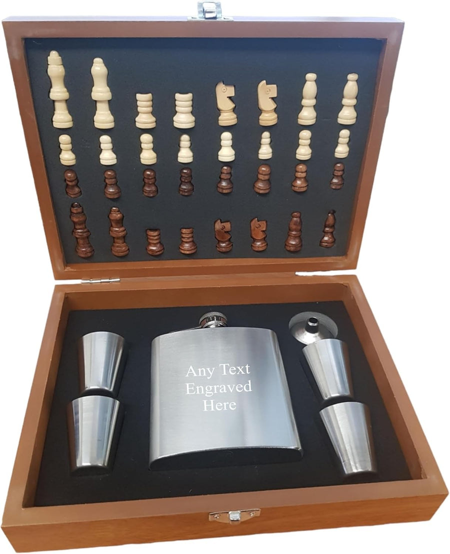 Luxury Chess Gift Set with 6oz Hip Flask | Wooden Case | Cups & Funnel Included