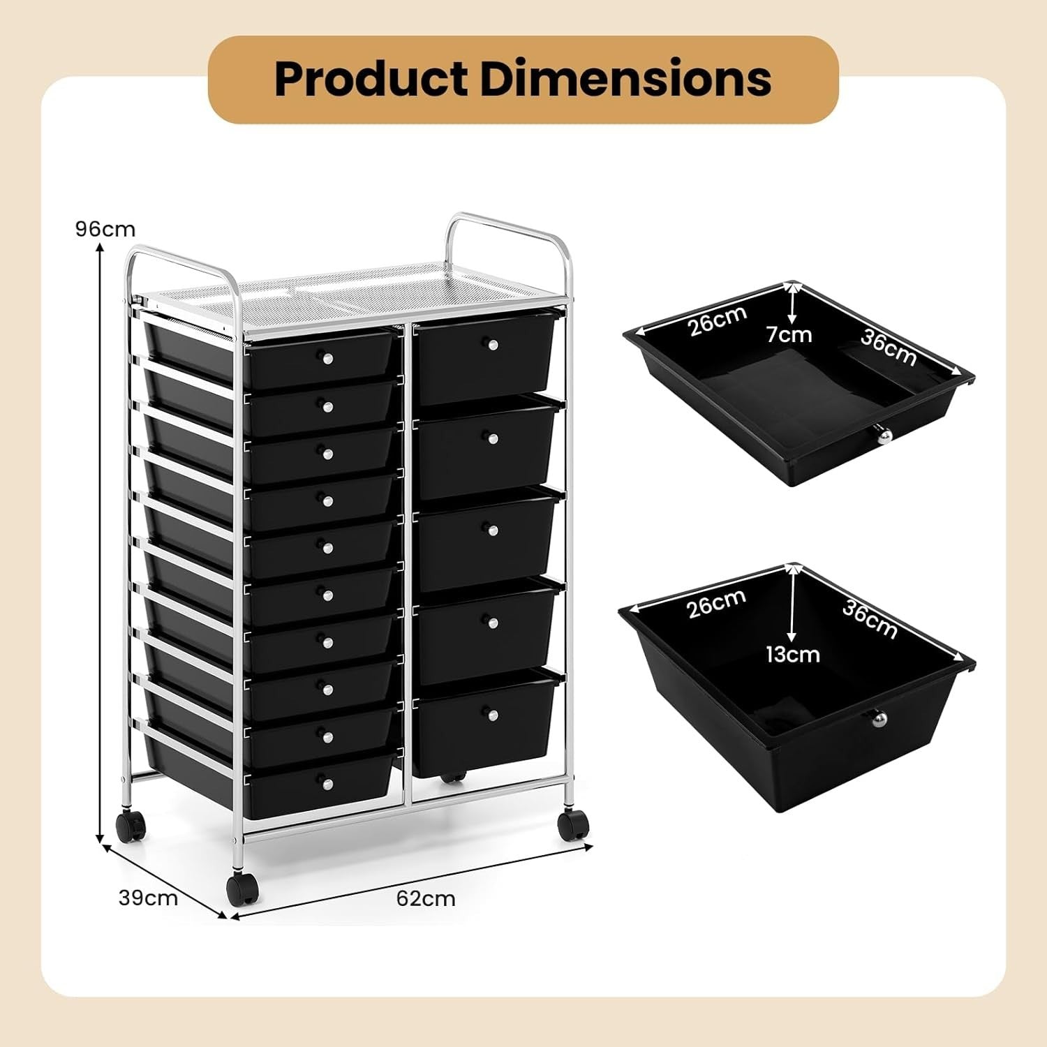 15 Drawer Rolling Storage Cart Mobile Utility Trolley Office Salon Organizer