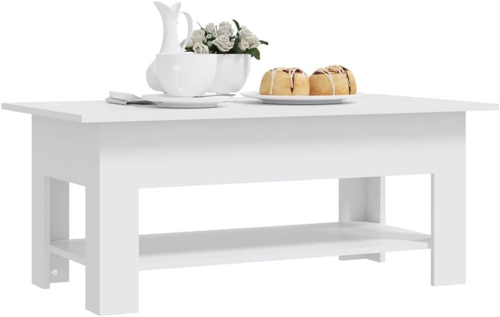 Modern Rectangular Coffee Table with Storage Shelf – Stylish, Durable White