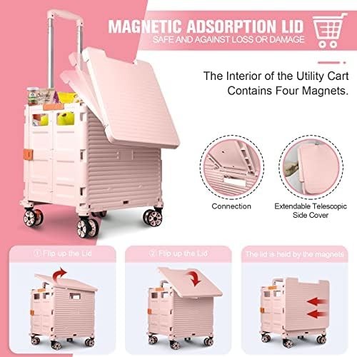 Heavy Duty Folding Shopping Cart 55kg Trolley 360° Wheels Foldable Pink