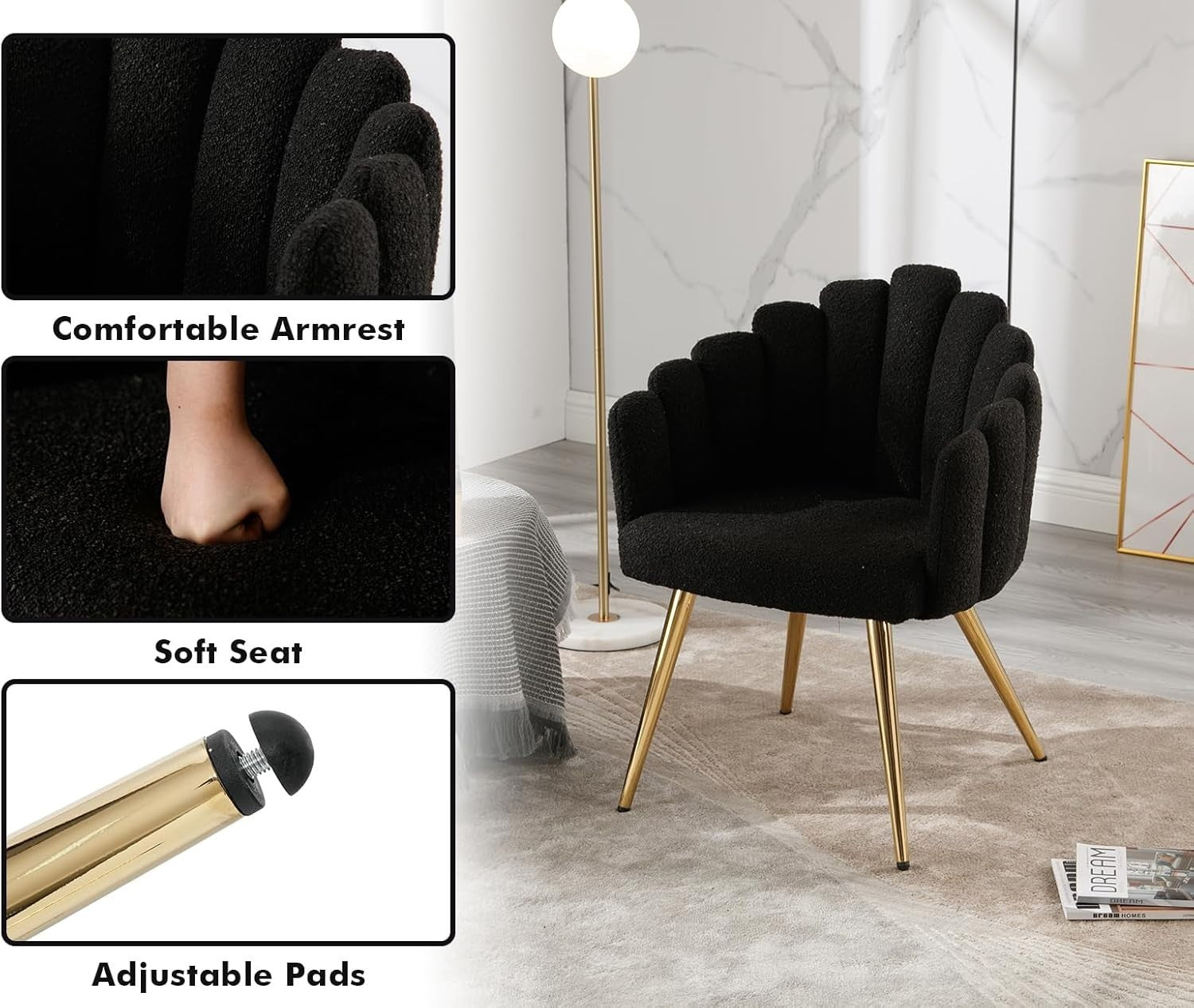 Black Faux Fur Accent Armchair – Modern Lounge Chair with Metal Legs & Arms