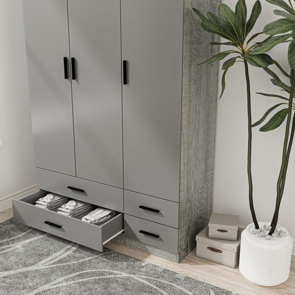 3 Door 4 Drawer Wardrobe Hanging Rail Storage Ash Grey & Cool Grey