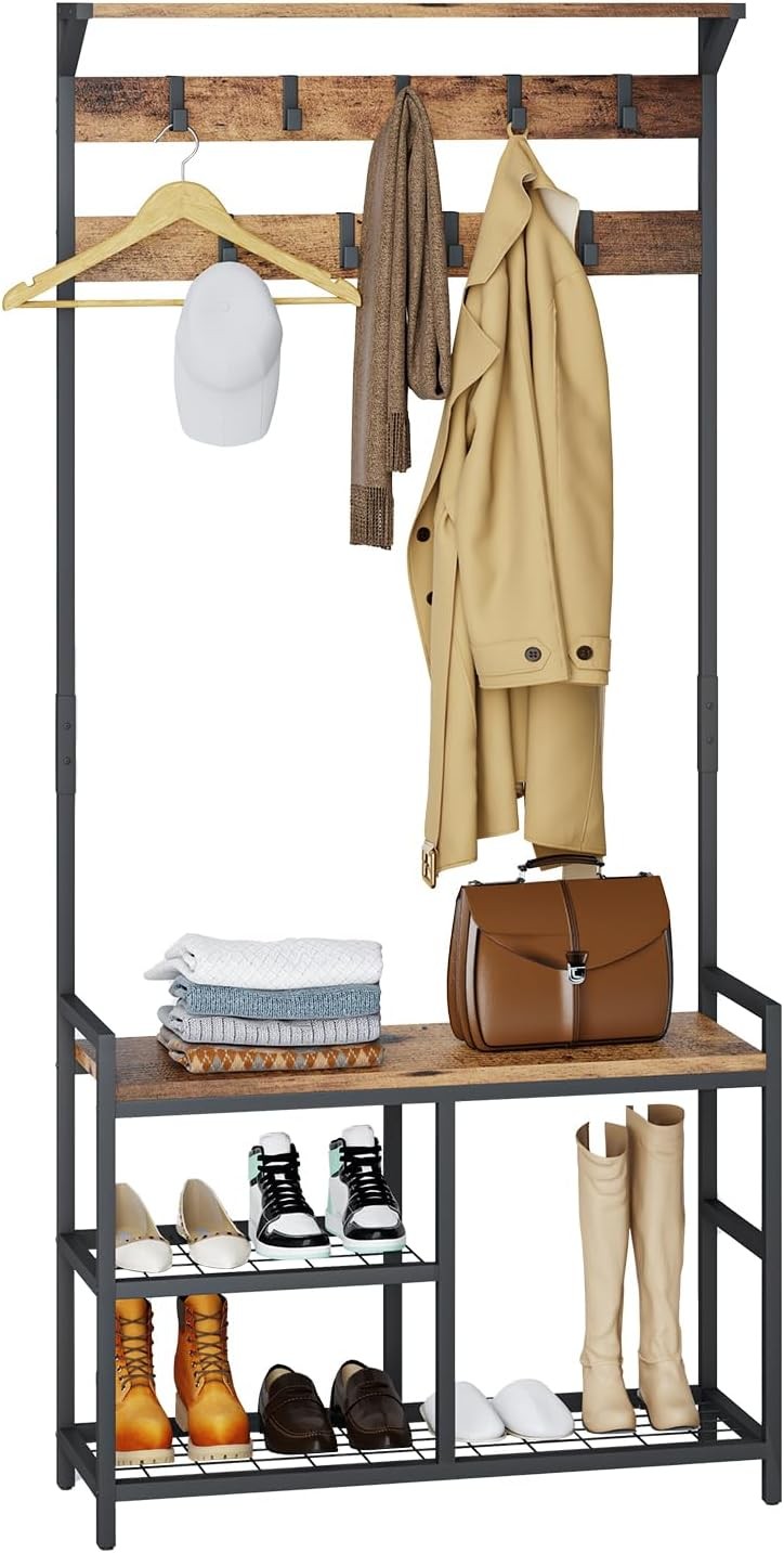 Rustic Brown Industrial Coat Rack with Shoe Bench | 9 Hooks Hall Tree Stand