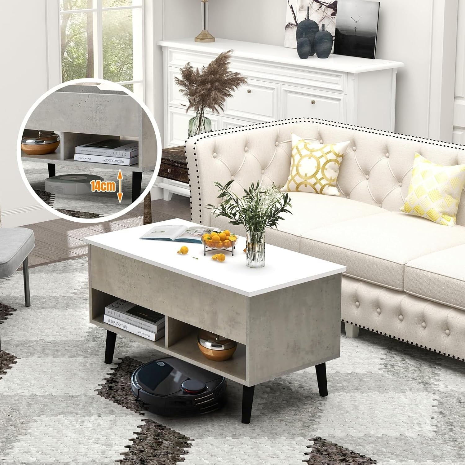 Grey Lift Top Coffee Table with Storage & Shelves – Adjustable, 80cm Modern
