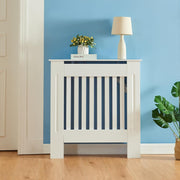 Small White Radiator Cover 78cm Modern Slatted Wood Heating Cabinet Shelf