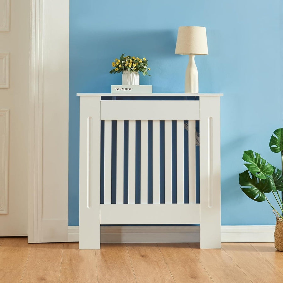 Small White Radiator Cover 78cm Modern Slatted Wood Heating Cabinet Shelf