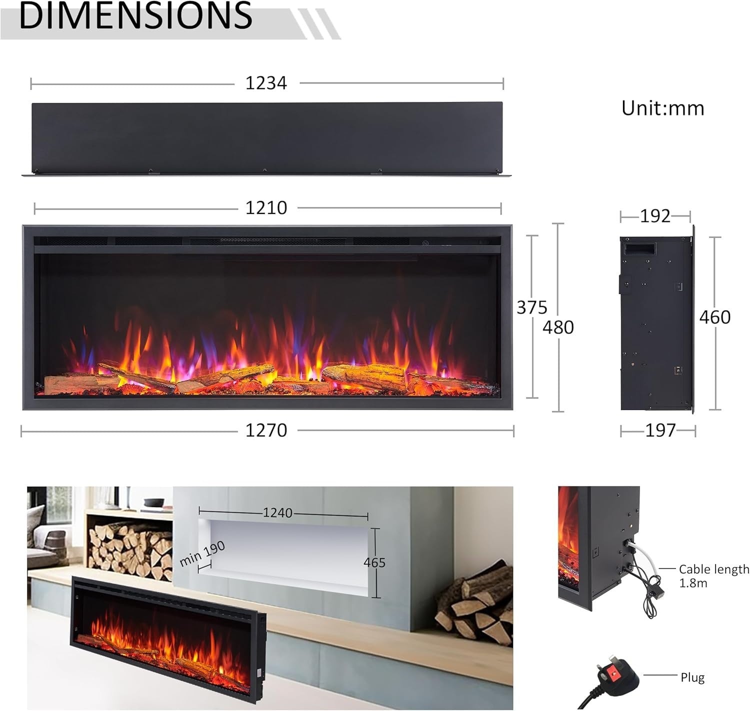 50” Smart Inset Electric Fireplace Alexa Google Voice Control Deep Flame Bed