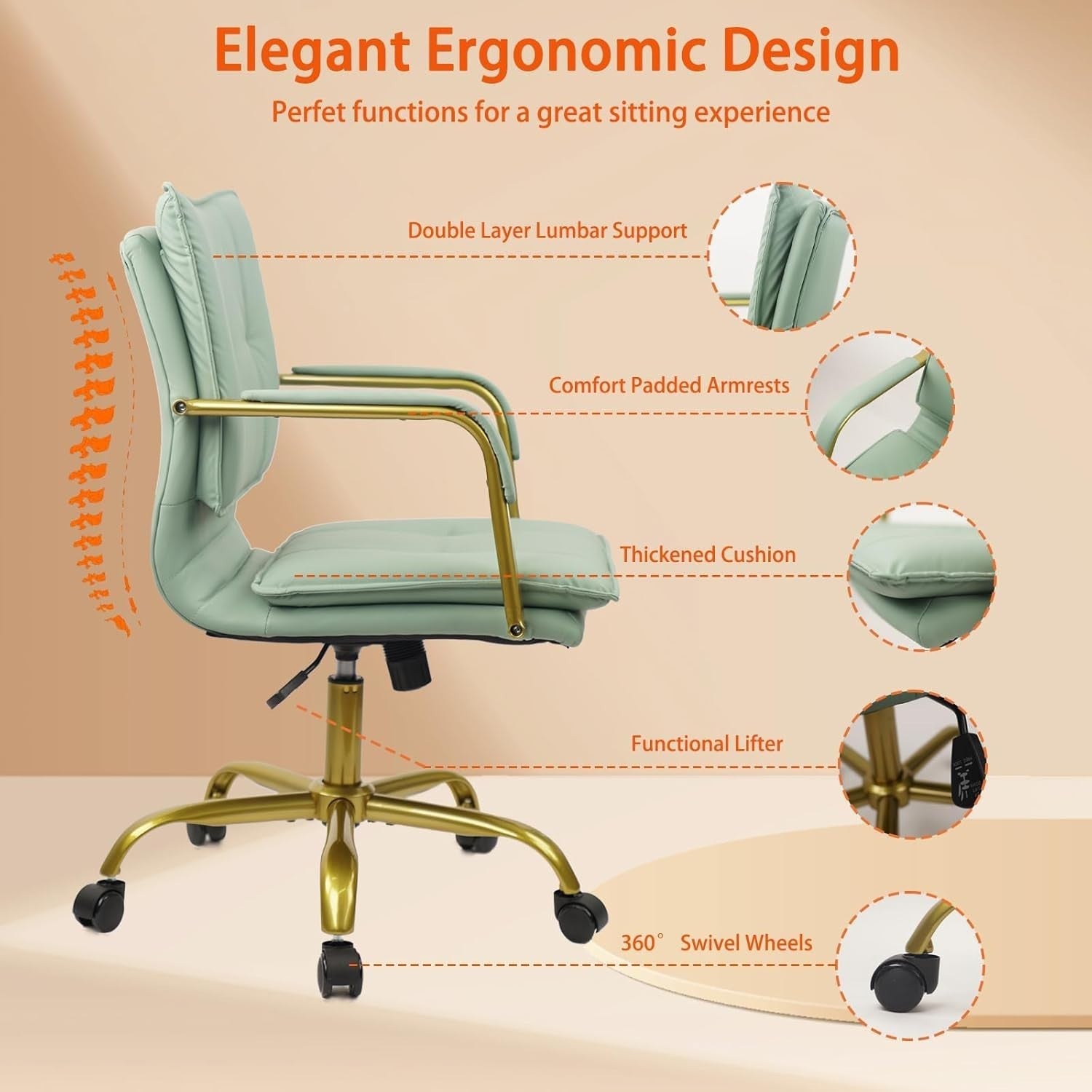 Ergonomic Office Desk Chair Swivel Wheel Green Faux Leather Adjustable Height