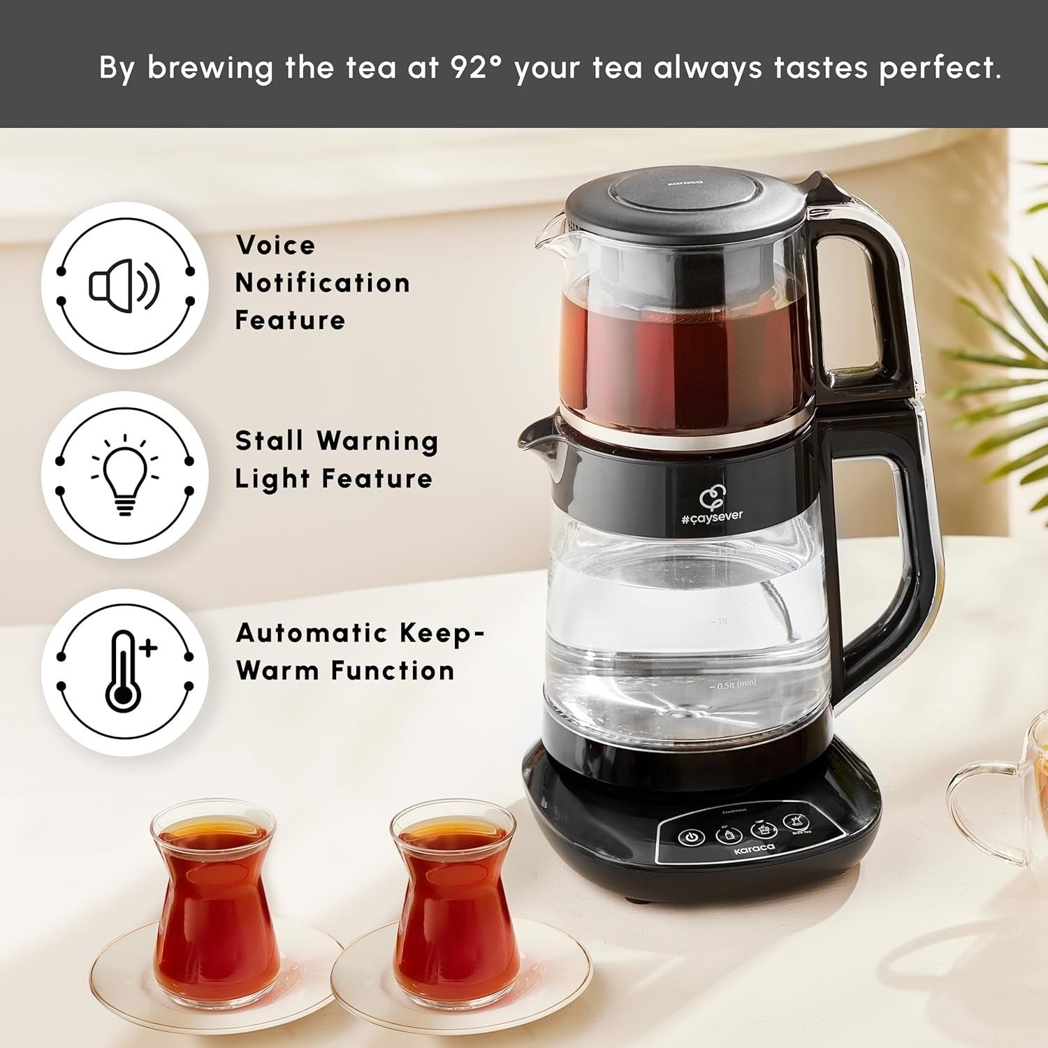 Smart Turkish Tea Maker 1.5L Kettle 0.8L Glass Teapot 1700W