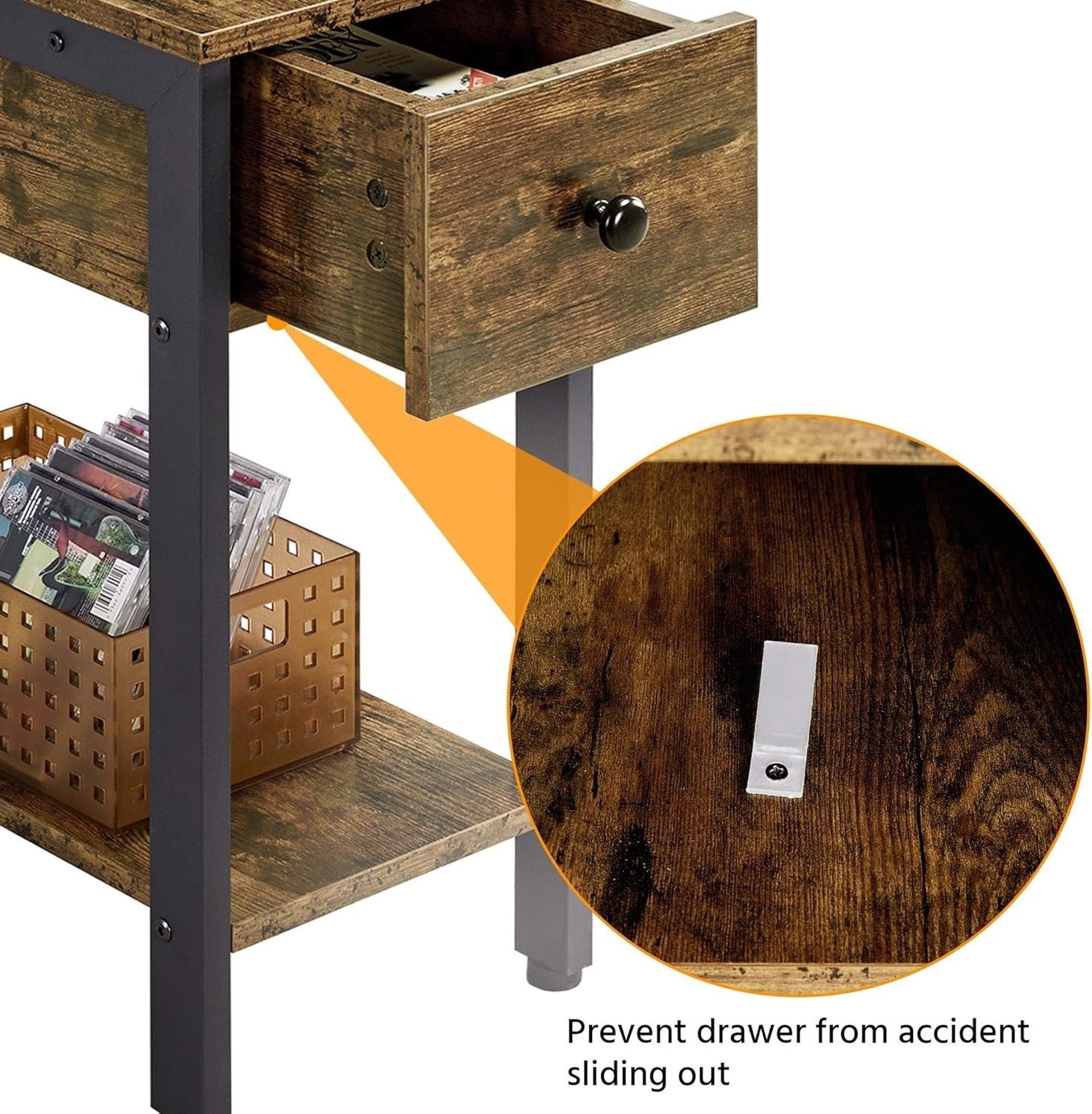 2-Tier Industrial Side Table with Drawer Set of 2, Narrow Storage 60x30x60cm