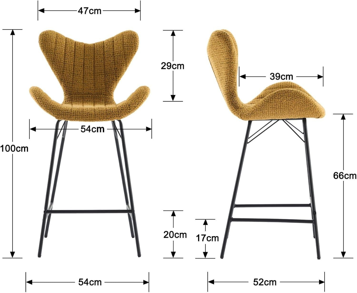 Yellow Chenille Wingback Bar Stools Set of 2 – Metal Legs