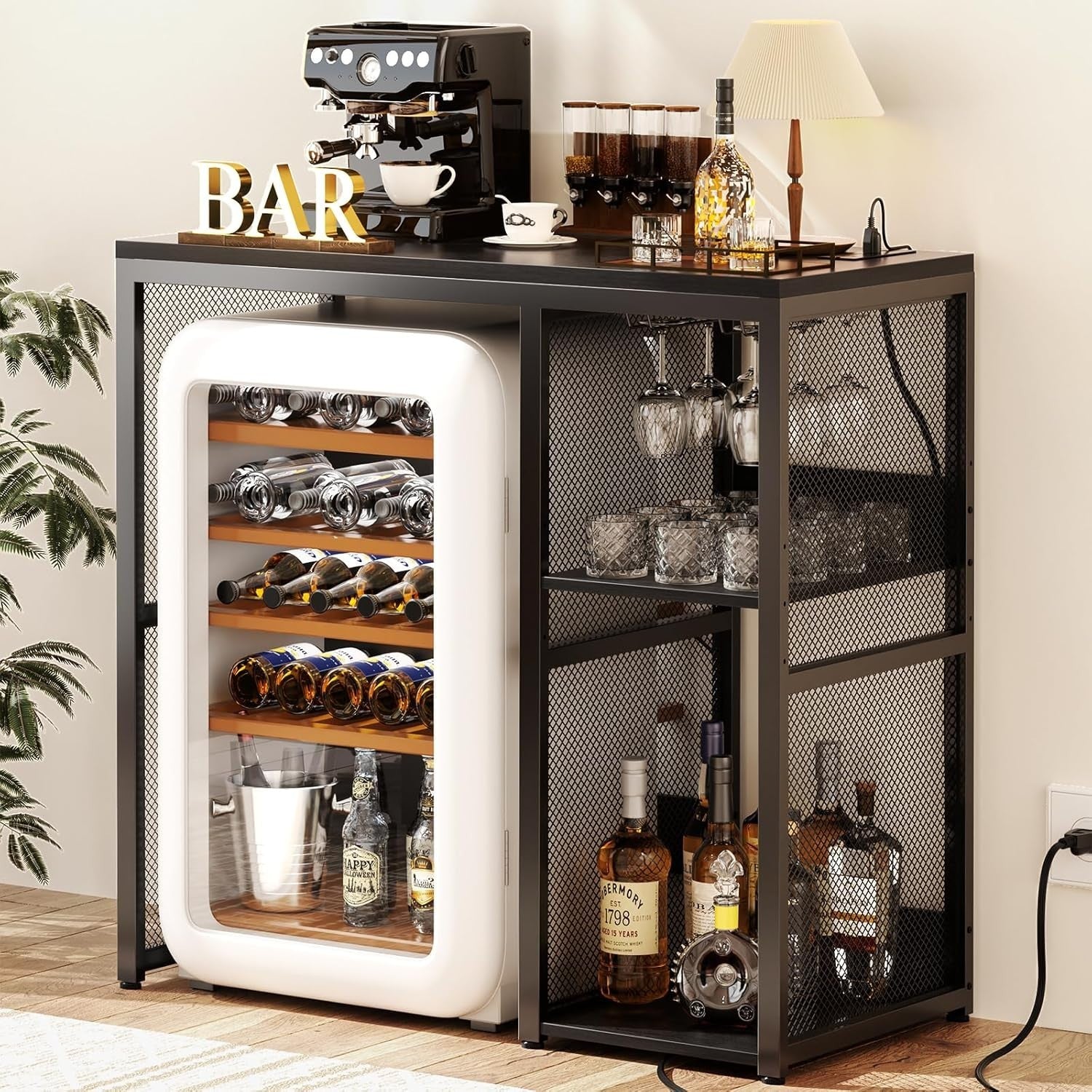 Mini Fridge Stand with Power Outlets Wine Bar Storage Cabinet Black Industrial