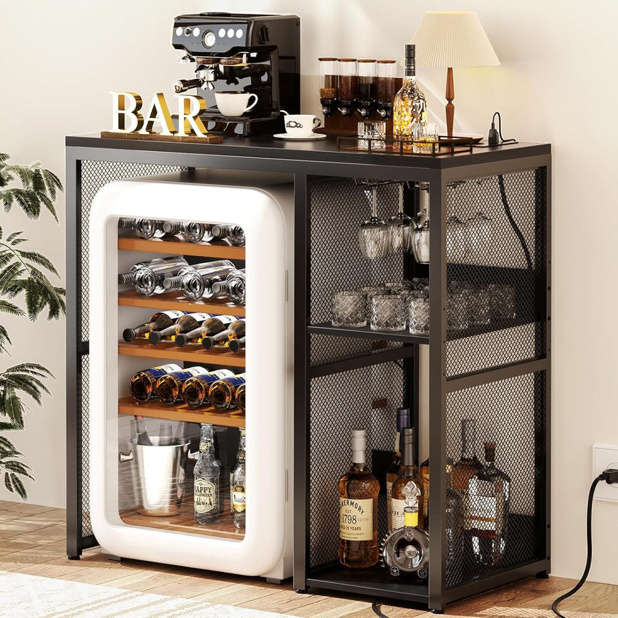 Mini Fridge Stand with Power Outlets Wine Bar Storage Cabinet Black Industrial