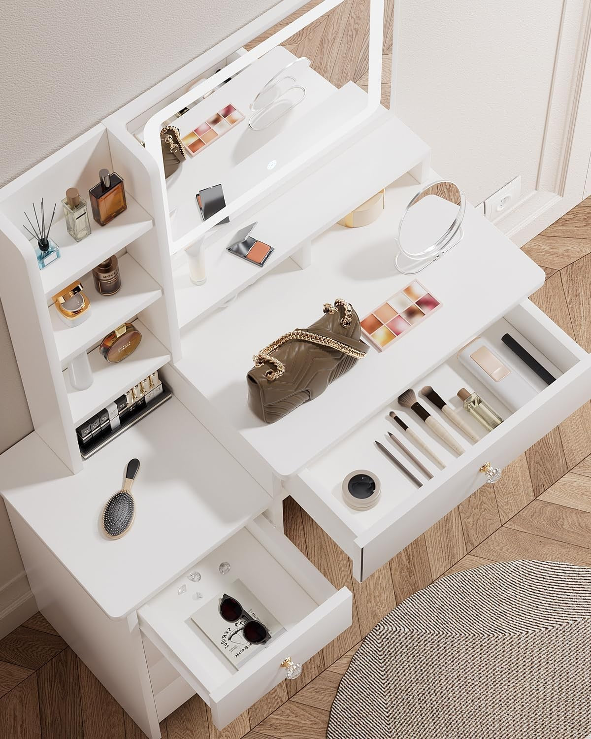 Makeup Vanity Table Mirror LED Lights 5 Drawers Dressing Desk Storage White New