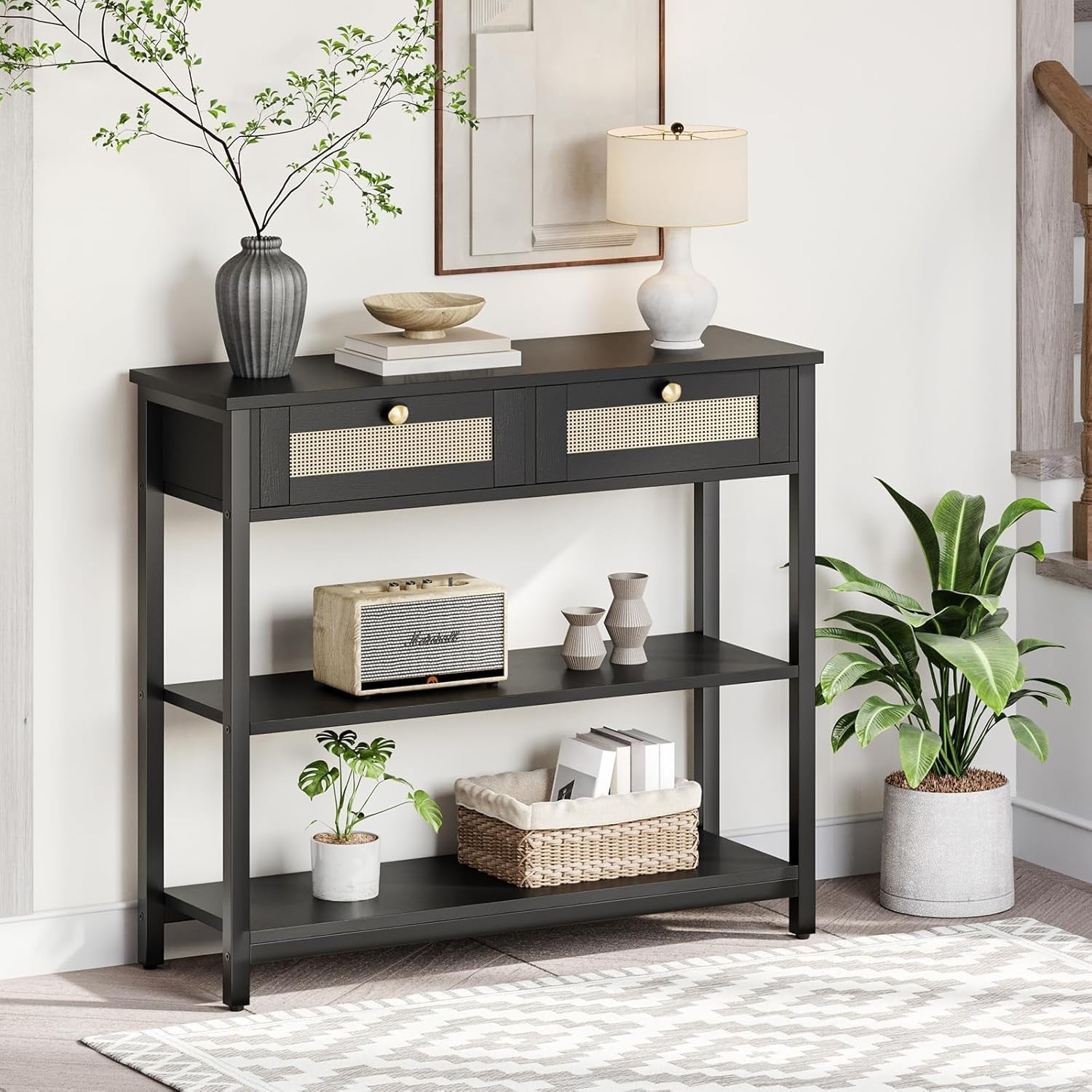 Black Rattan Console Table with Drawers & Shelves, Narrow Hallway Storage