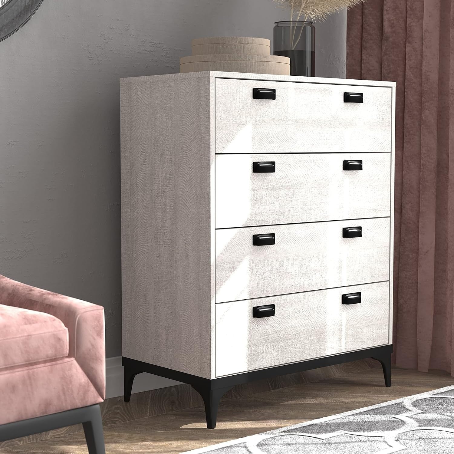4 Drawer Chest Dusty Grey Oak Bedroom Storage Cabinet Modern Tall Unit