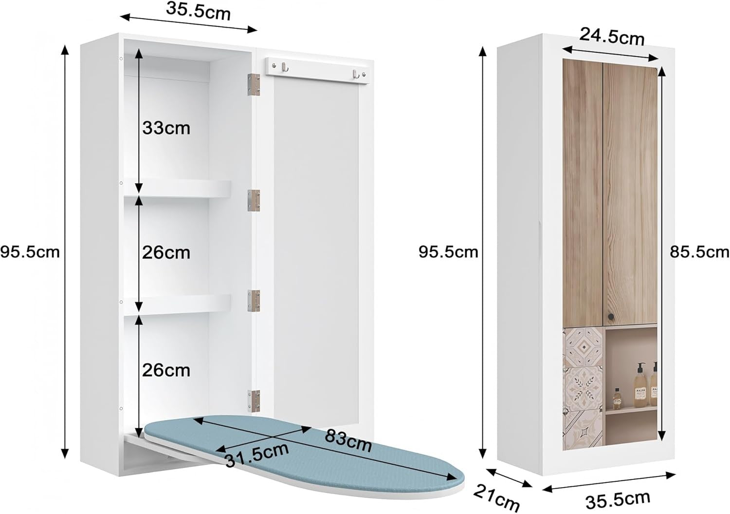 Wall Mounted Ironing Board Cabinet with Mirror Foldable Rotating Storage