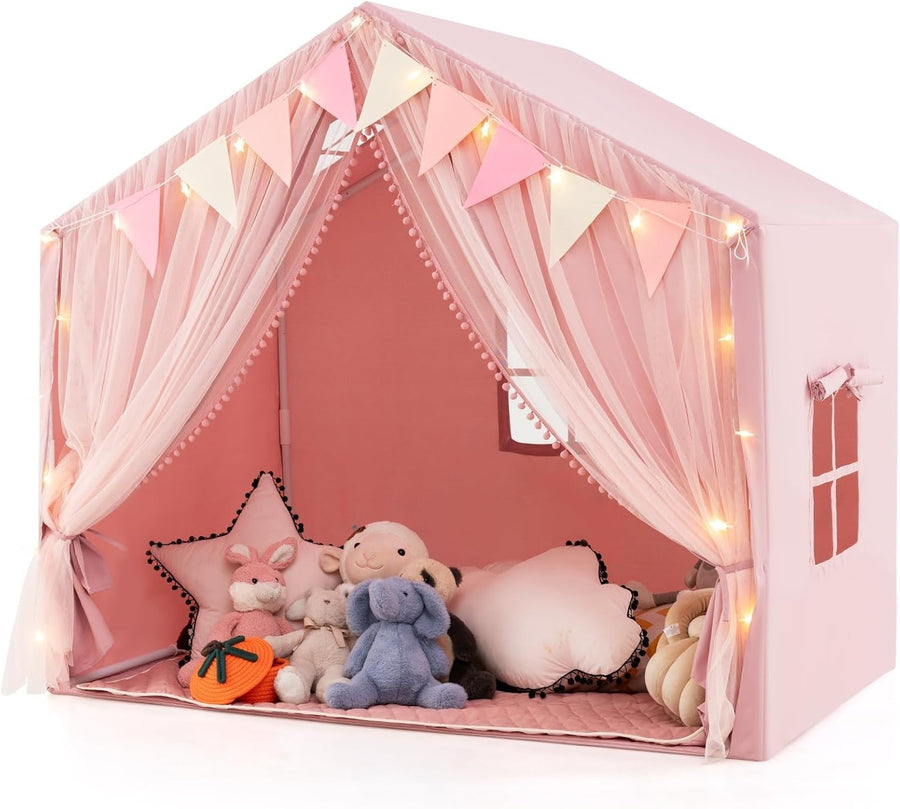 Pink Kids Fairy Playhouse Tent Indoor Outdoor w Lights Curtains Mat