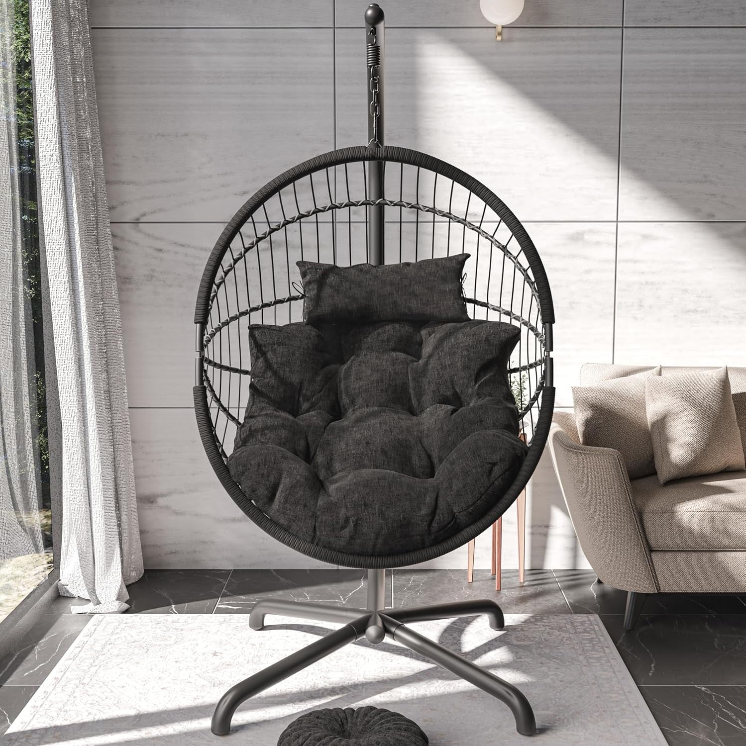 Foldable Rattan Egg Chair with Stand Outdoor Indoor Swing with Cushion