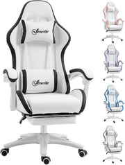 Gaming Chair PU Leather Recliner w/ Footrest 135° Swivel White Black