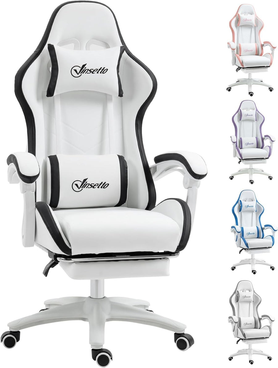Gaming Chair PU Leather Recliner w/ Footrest 135° Swivel White Black