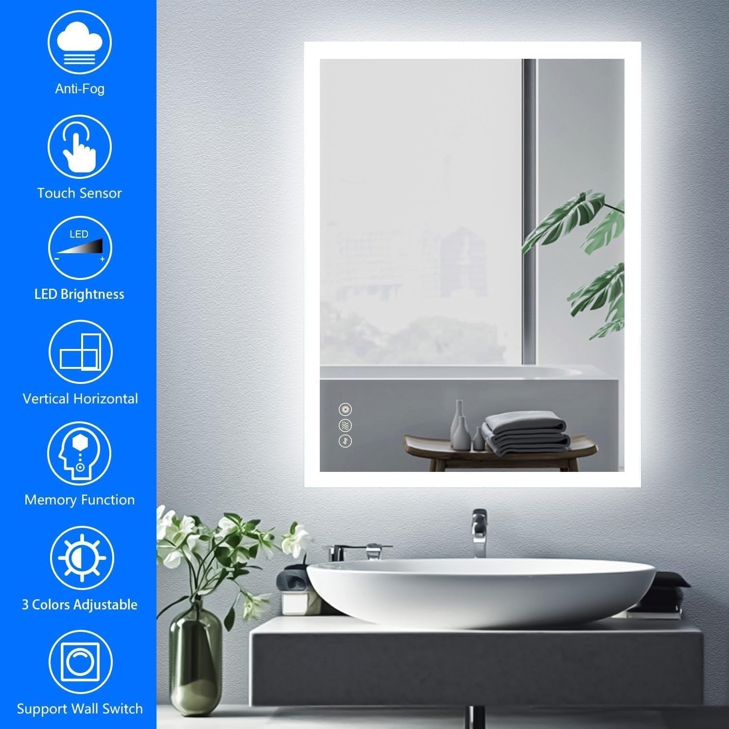 LED Bathroom Mirror 50x70cm Anti-Fog Backlit Wall Mount Dimmable Light