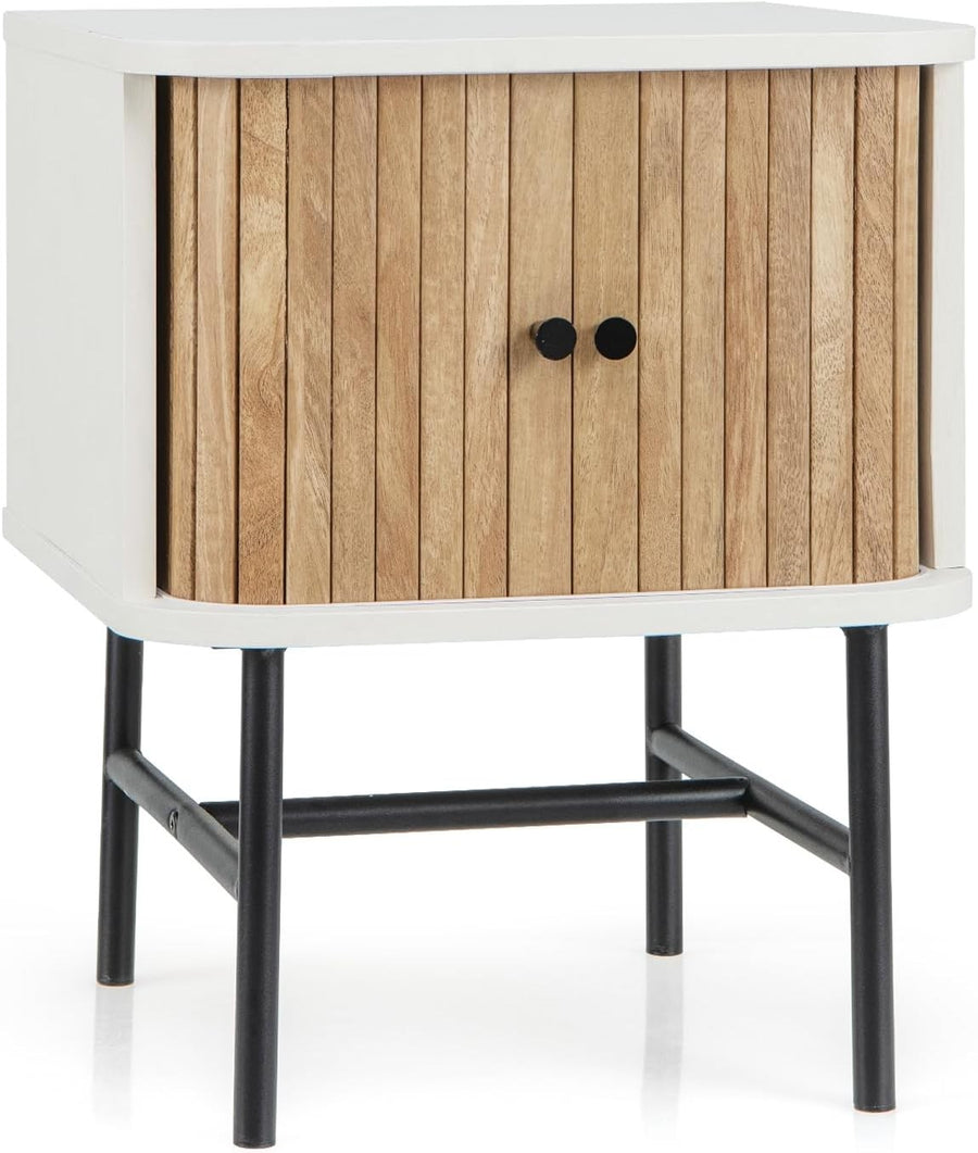 White Bedside Table with Sliding Doors & Metal Legs – Compact Modern Nightstand