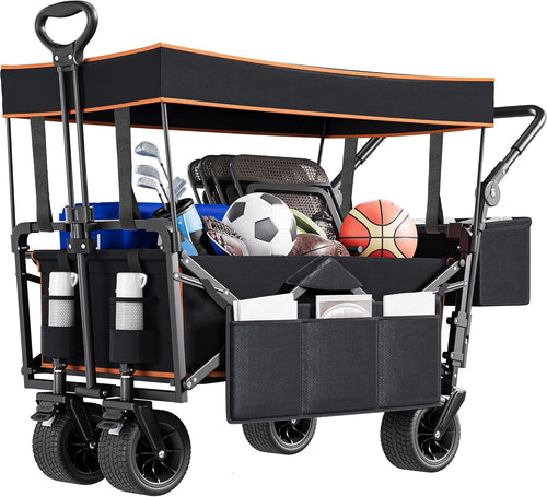 Black Folding Beach Wagon Cart w/ Canopy Oversized Wheels Push Pull 220lbs