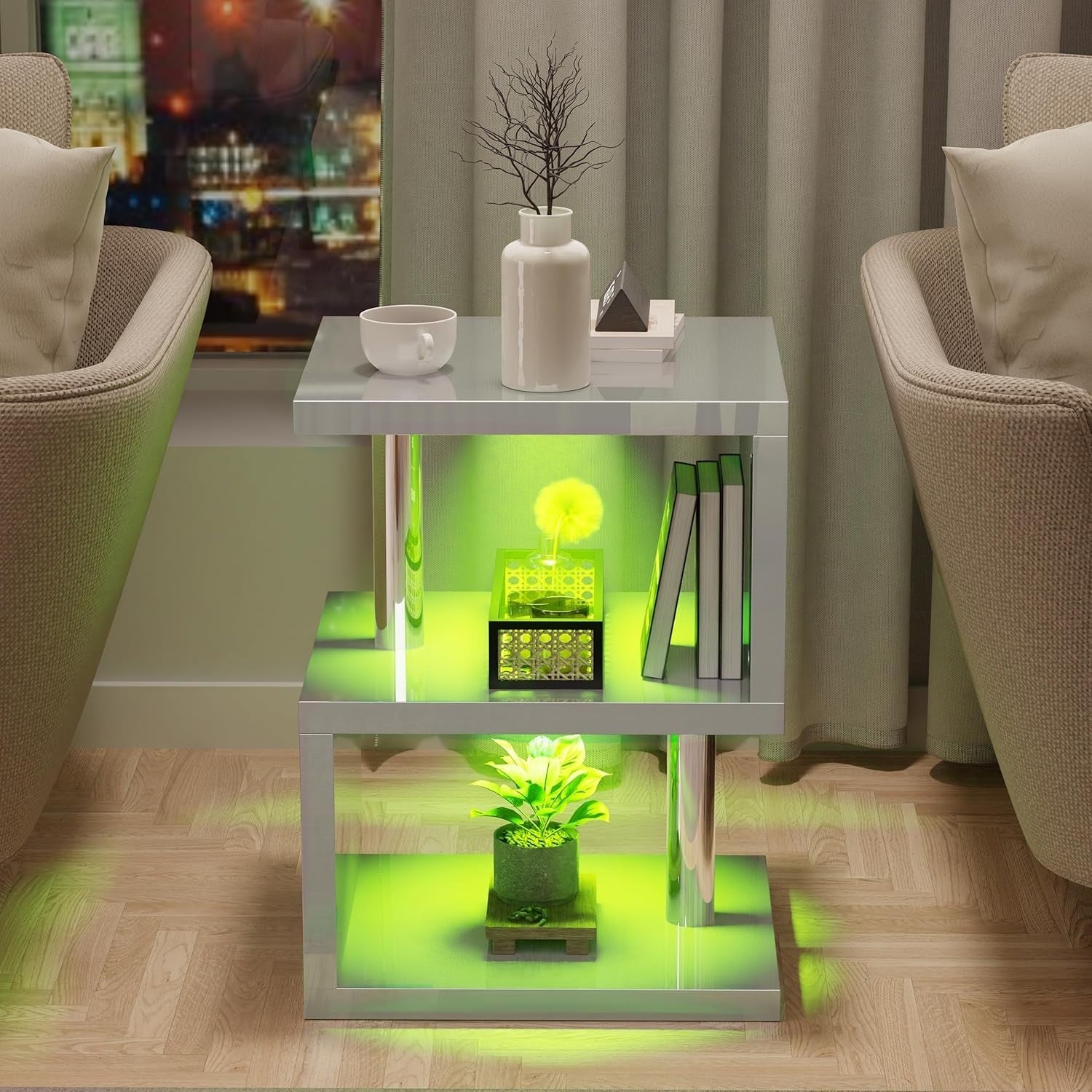 Grey Modern S-Shaped LED Side Table with RGB Lights & Storage Shelves 44x38x57cm