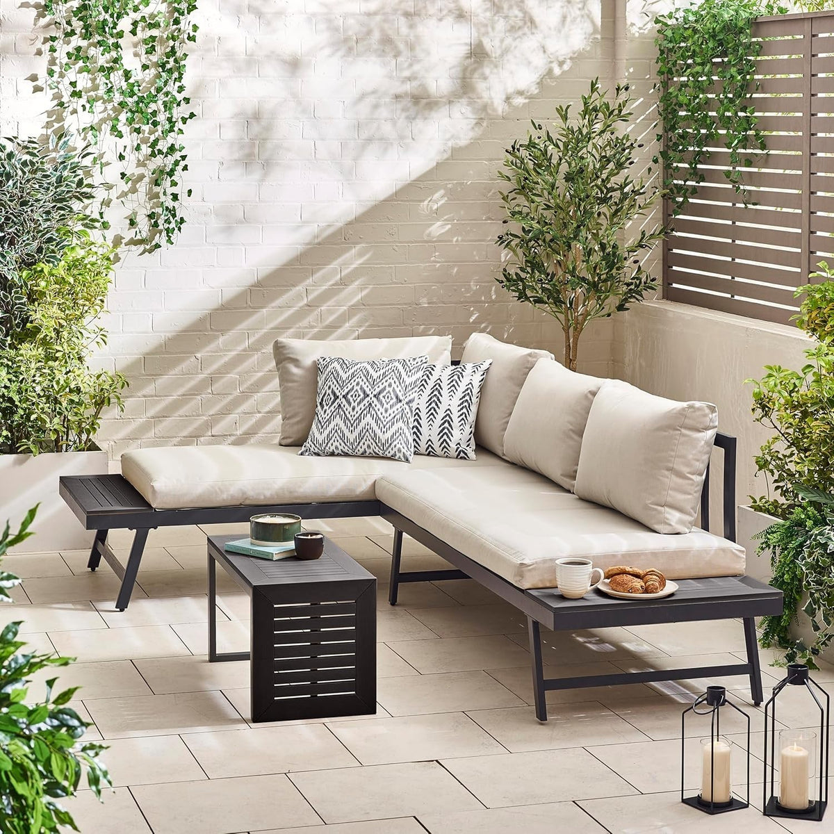2-Seater Modular Garden Sofa Set Grey Metal & Rattan Outdoor Lounge Table