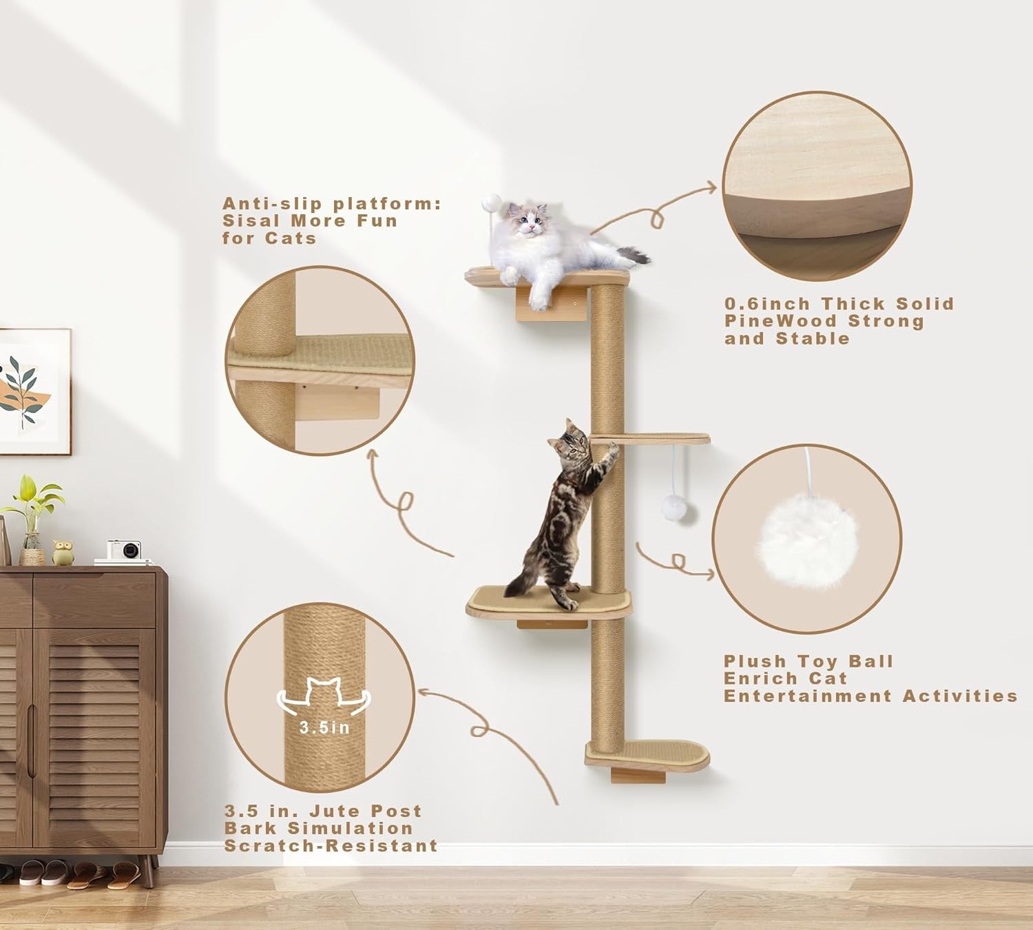Wall Mounted Cat Tree 125cm 4 Tier Scratching Post Climbing Shelves