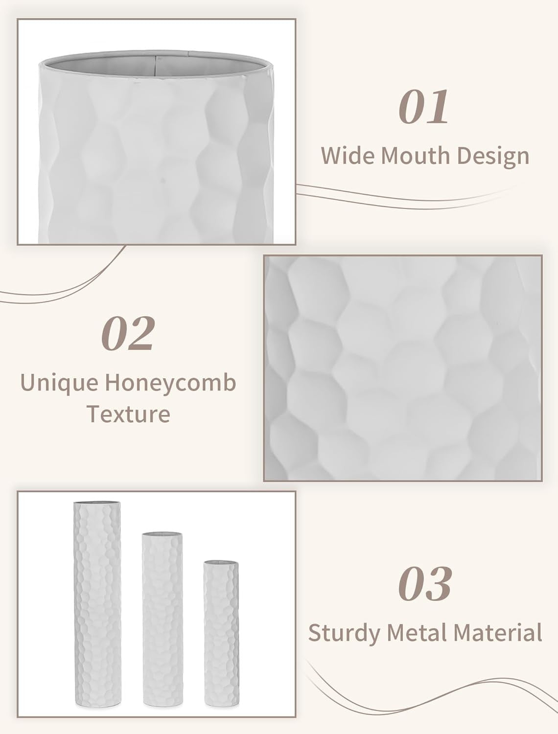 Tall White Metal Floor Vase Set Large Modern Pampas Grass Decor 3pcs
