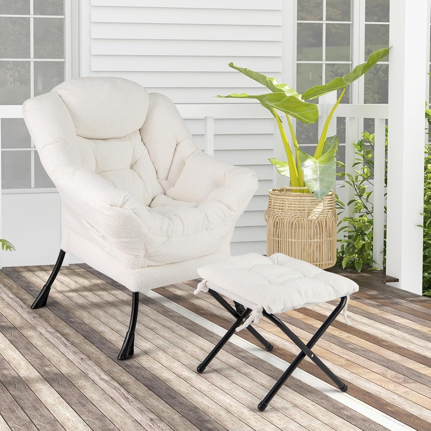 Beige Sherpa Armchair w/ Footstool Comfy Reading Chair Sofa Lounge Seat