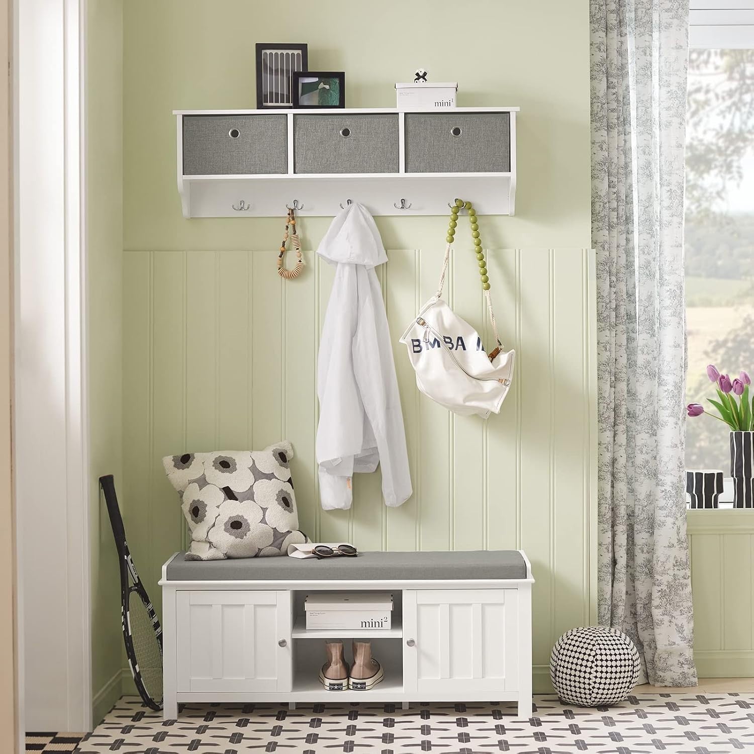 Modern White Storage Bench with Cushion & Shoe Cabinet – 105×35×43 cm