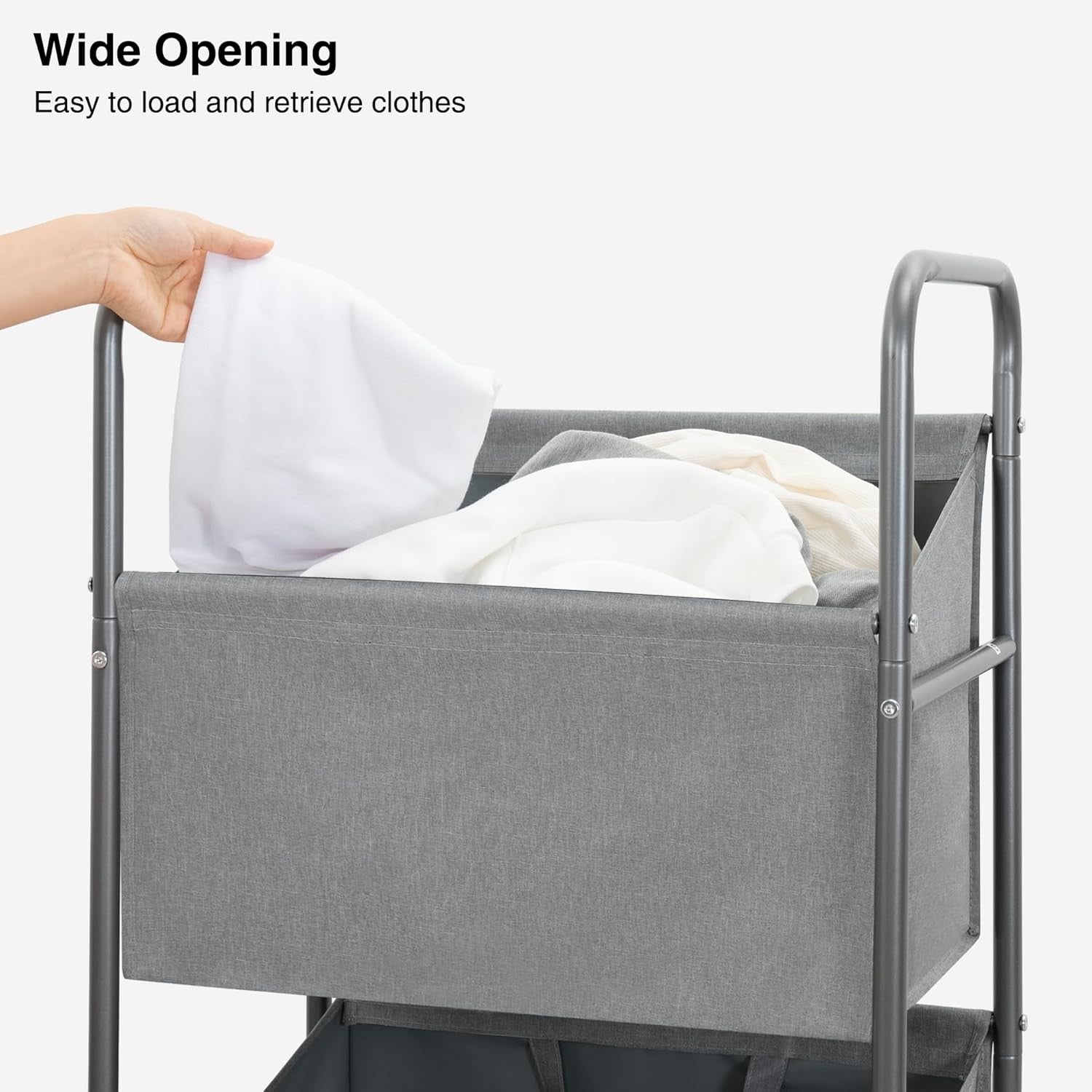 3-Tier Rolling Laundry Sorter with Removable Bags, 120L Vertical Hamper Grey
