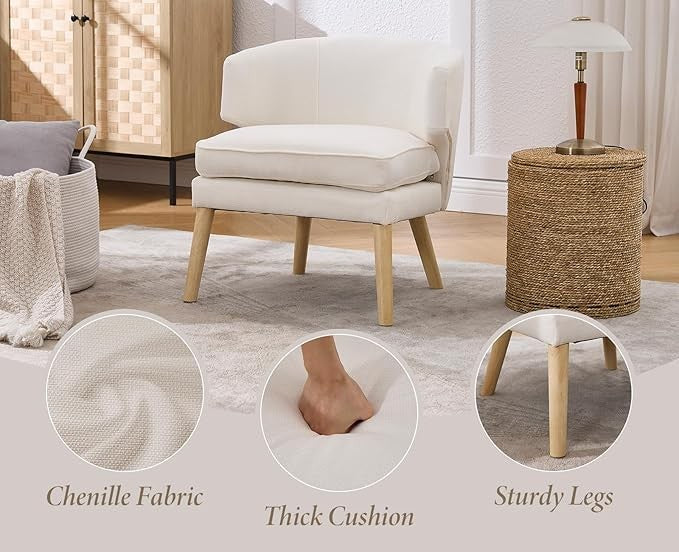 Modern Beige Tub Chair Chenille Accent Single Sofa Solid Wood Legs