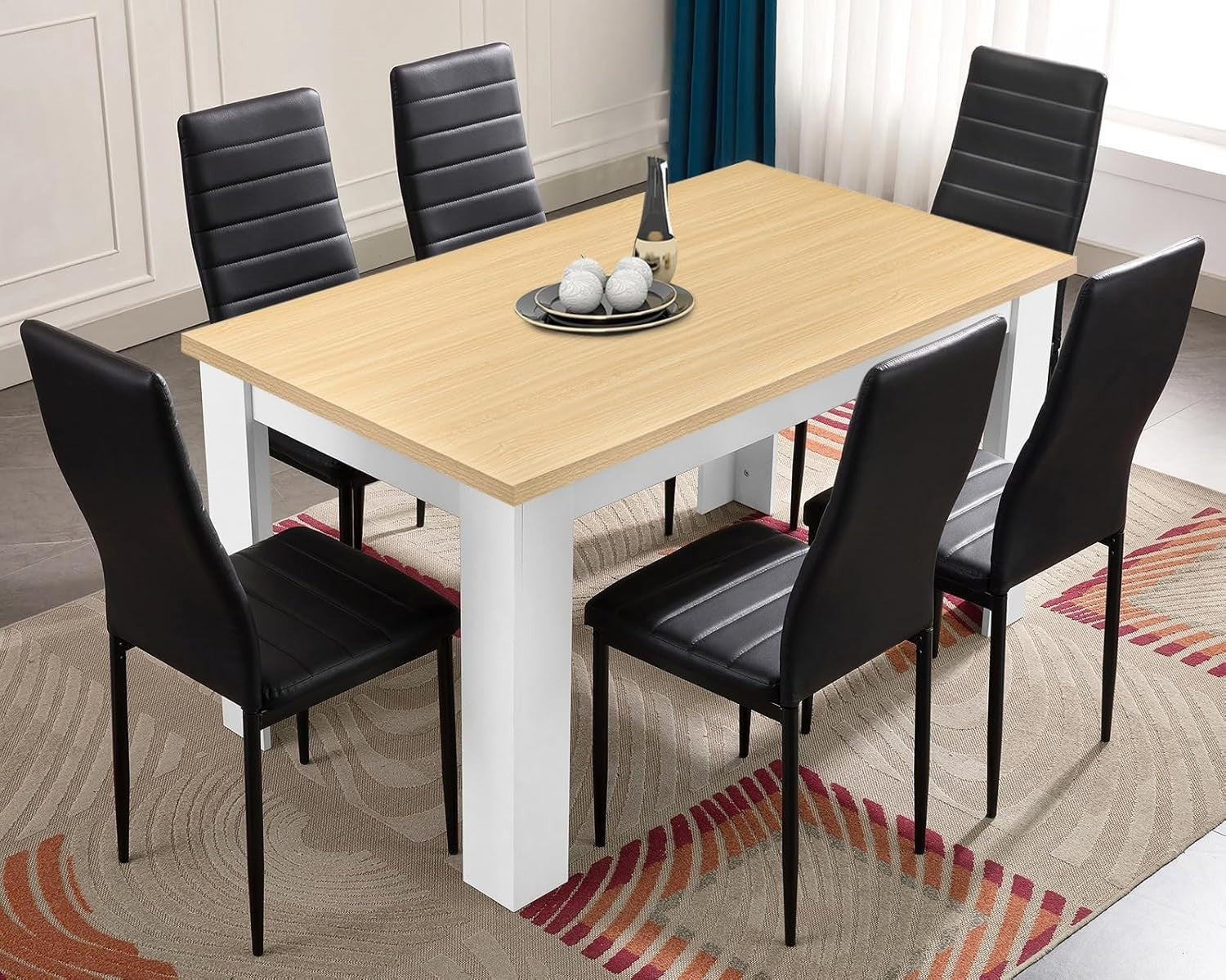 Modern 6-Seater Dining Table Set | Solid Wood Table, PU Leather Chairs
