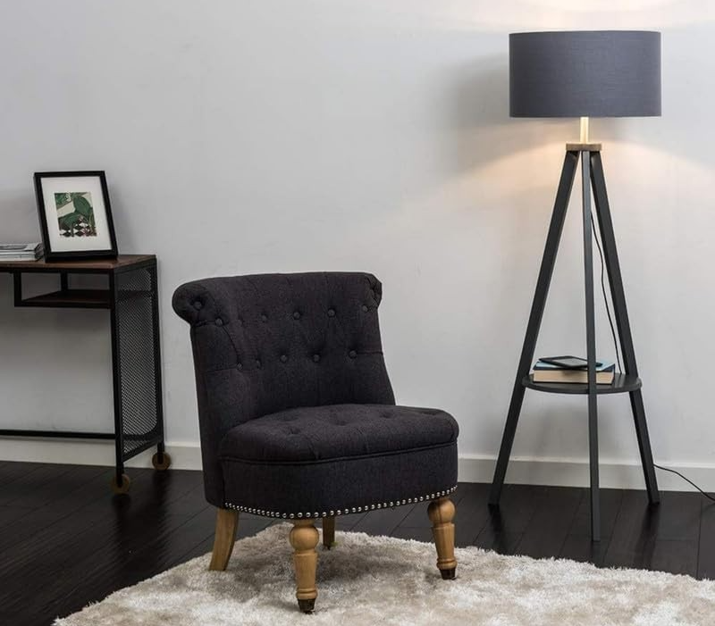 Modern Grey Wood Floor Lamp with Shelf & Navy Drum Shade | 140cm + LED