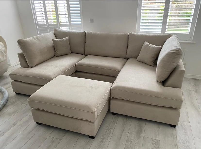 Cream U Shape Sofa 6 Seater High Back Modular Settee with Footstool