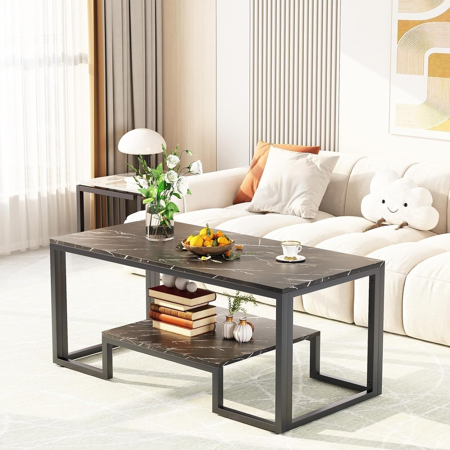 Black Marble Coffee Table with Storage – Modern 2-Tier Metal Frame 100cm