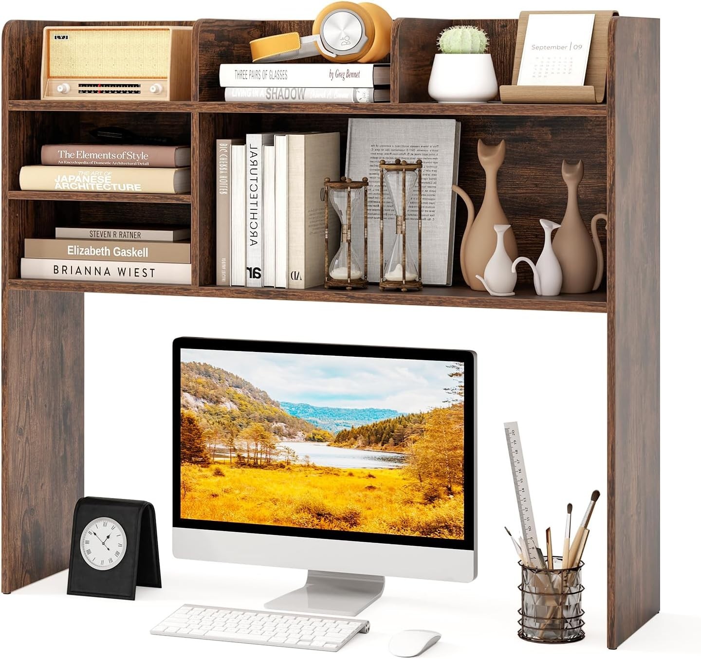 6-Shelf Desktop Bookshelf Hutch Storage Organizer Rustic Brown Monitor Shelf