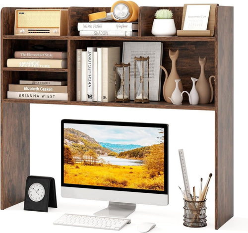 6-Shelf Desktop Bookshelf Hutch Storage Organizer Rustic Brown Monitor Shelf