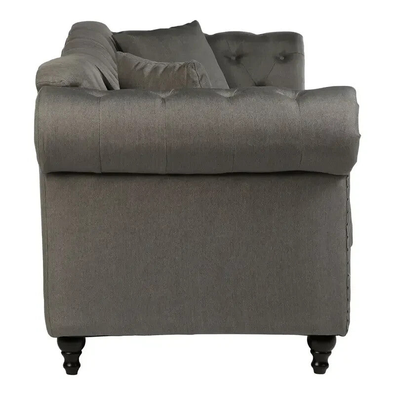 3 Seater Grey Chesterfield Sofa Deep Button Tufted Scroll Arm Fabric