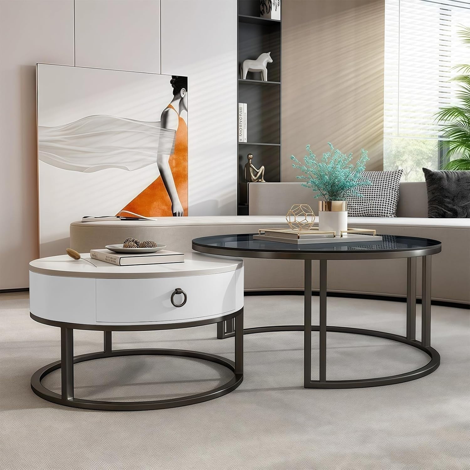 2-in-1 Nesting Coffee Table Set w/ Drawer, Marble & Glass Top, Space-Saving