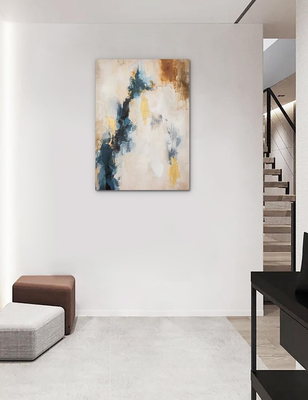 Abstract Blue Gold Canvas Wall Art 70x50cm Textured Framed