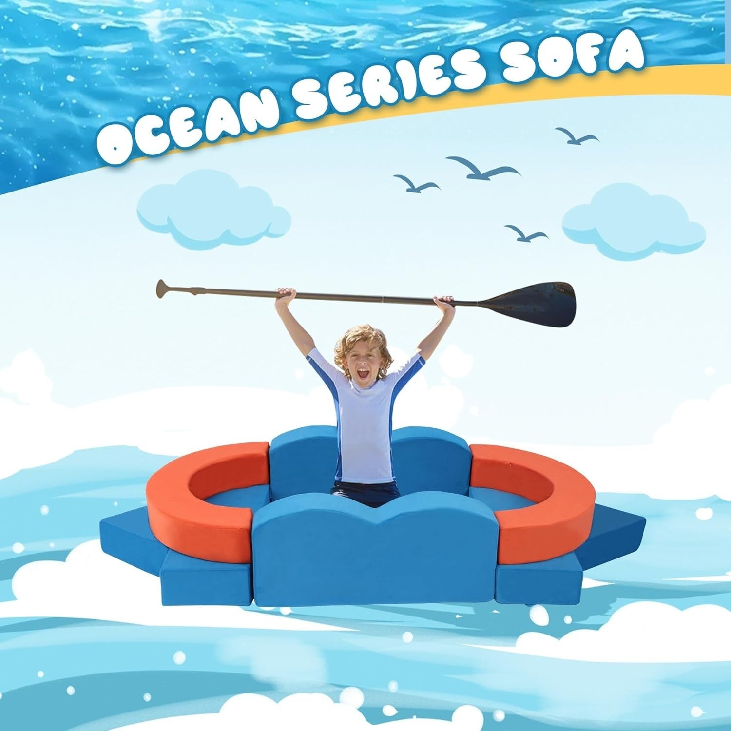 22-Piece Modular Kids Play Couch Sofa Bed Ocean Theme Durable Soft Foam