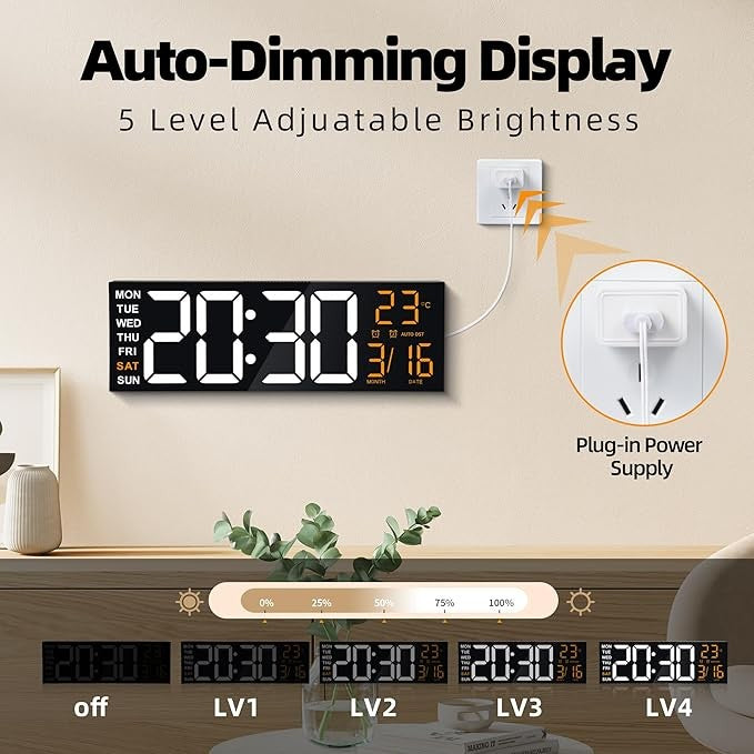 16" RGB Digital Wall Clock Large Display Auto-Dim Dual Alarms Temp Date Remote